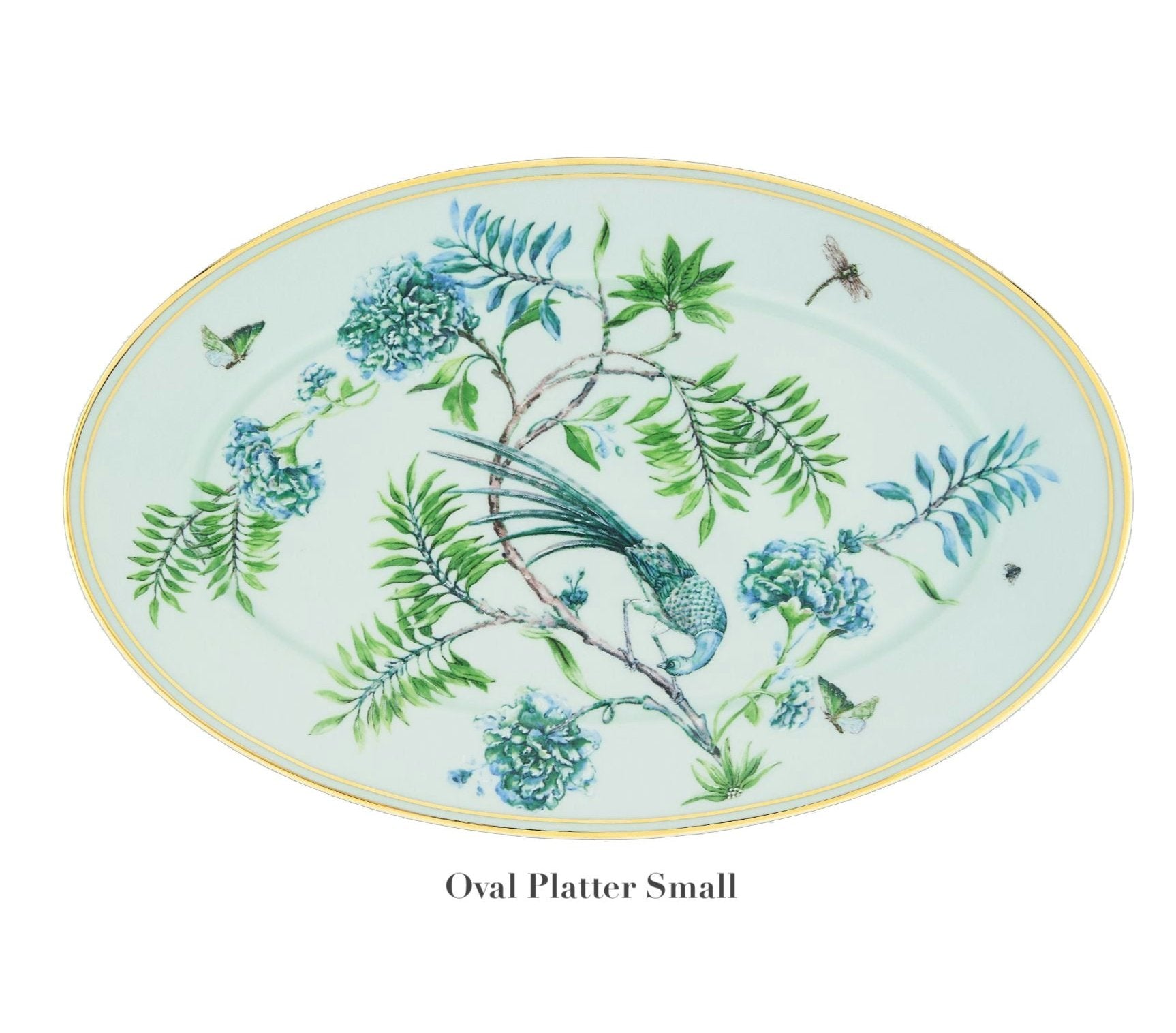 Oval platter from the Aquazzura Secret Garden Collection by Aquazzura Casa adorned with a decorative design featuring a bird, flowers, and insects. This porcelain piece beautifully encapsulates the enchanting garden motif, making it a delightful addition to any table setting or decor.
