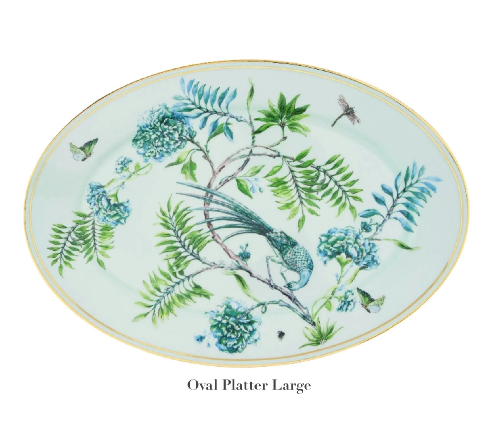 Oval platter from the Aquazzura Secret Garden Collection by Aquazzura Casa, showcasing a decorative design with blue flowers, green leaves, a bird, butterflies, and a dragonfly against a light background.