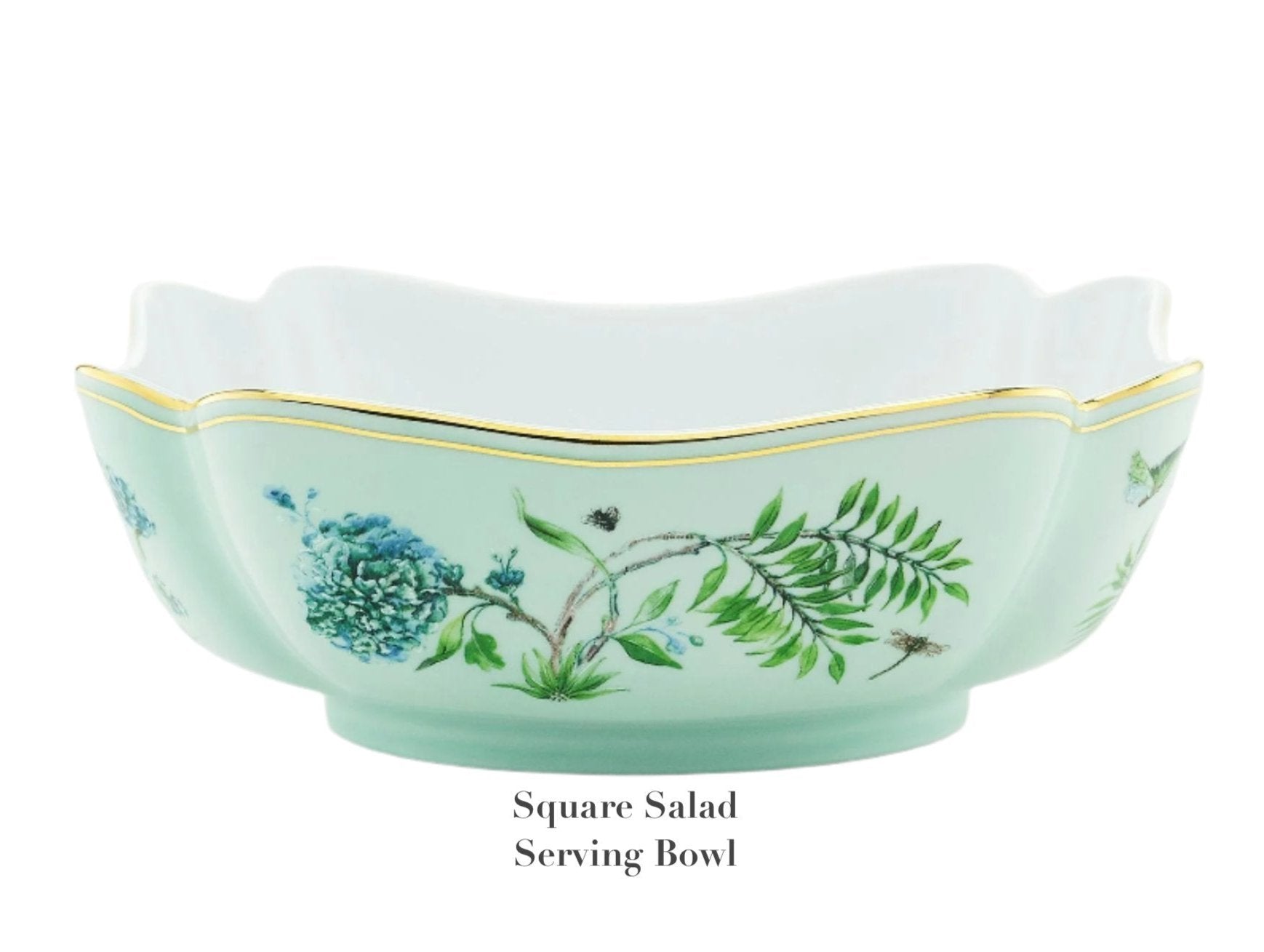Square porcelain salad serving bowl from Aquazzura Casa's Secret Garden Dinnerware and Serveware Collection, featuring scalloped edges, a light green exterior, golden detailing, and blue-green floral designs.