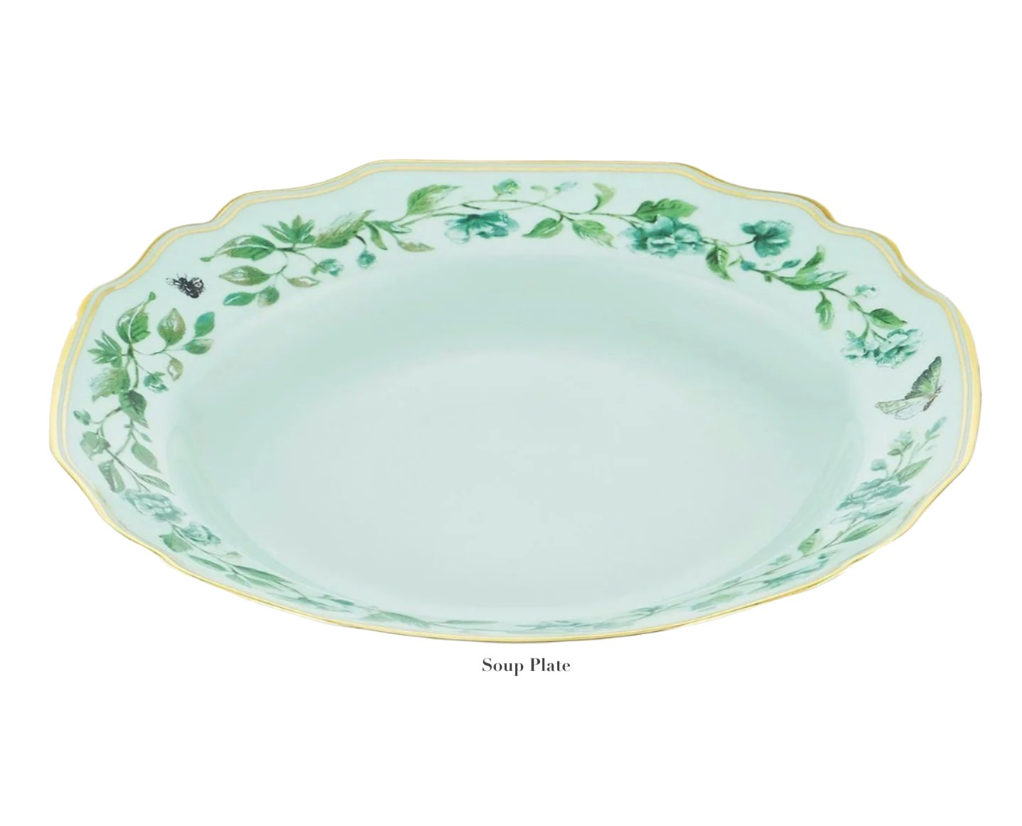 Light blue porcelain soup plate with scalloped edges, gold detailing and rim, green floral motifs, and a butterfly from the Aquazzura Casa Secret Garden Dinnerware and Serveware Collection.