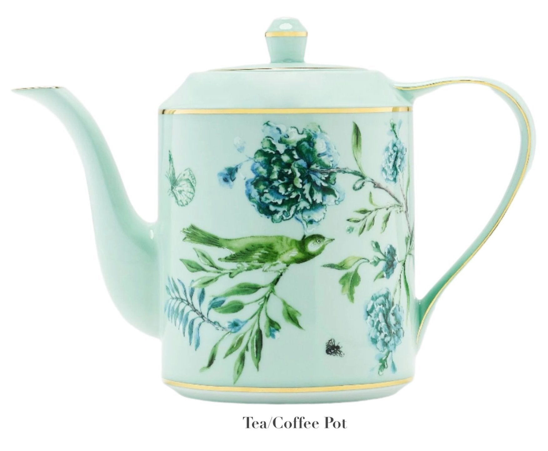 A dainty light blue teapot adorned with gold accents and featuring floral and bird designs inspired by a garden motif is labeled "Tea/Coffee Pot" from the Aquazzura Secret Garden Collection by Aquazzura Casa.