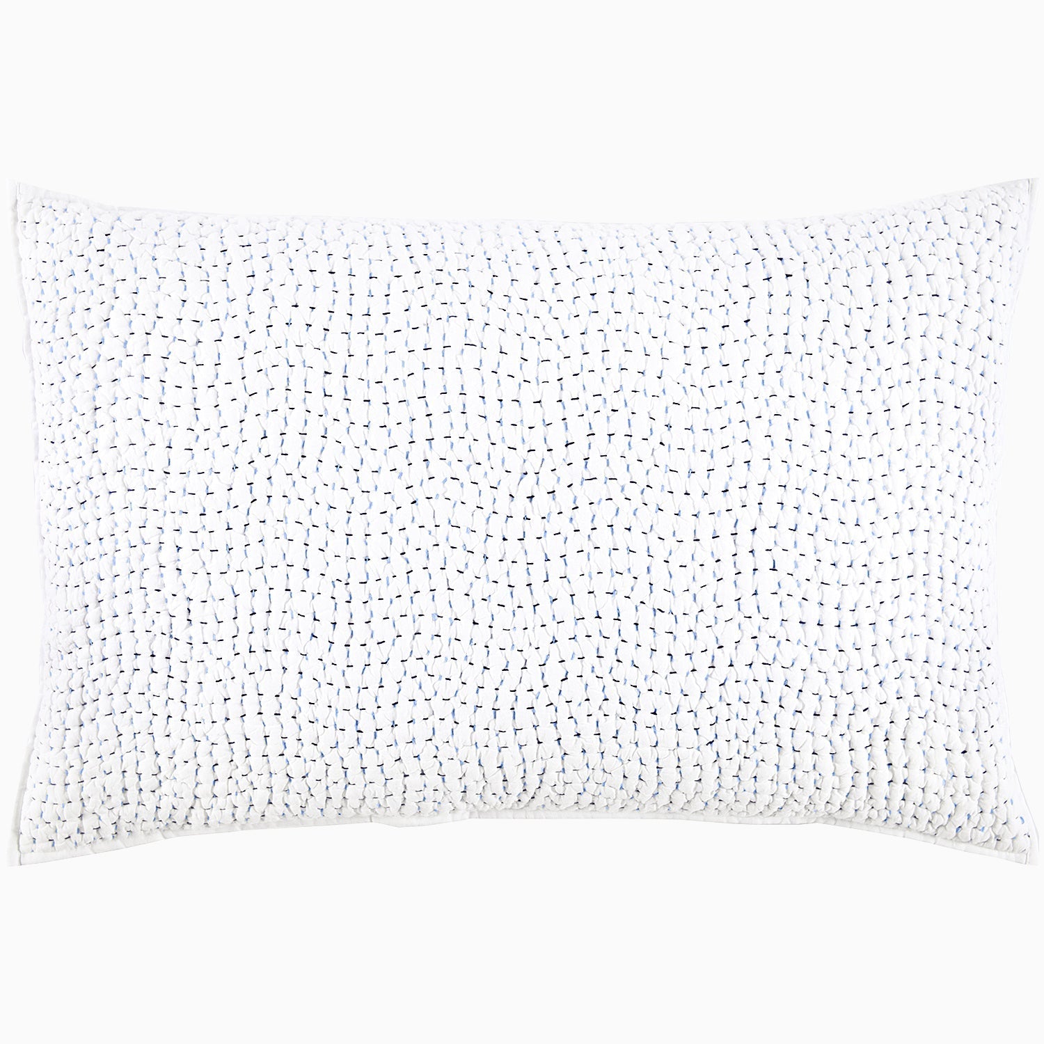 Hand-Stitched Bedding Collection by John Robshaw: Rectangular white pillow featuring a pattern of small, evenly spaced dark blue dashes across the entire surface, reminiscent of a hand-stitched coverlet and crafted from soft cotton voile.