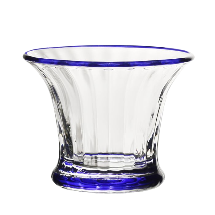 The Siena Mini Vase/Sorbet Dish Collection by William Yeoward Crystal features clear glass pieces with flared rims, blue-tinted bases, and classic fluted designs with vertical ridges for an elegant touch.
