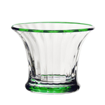 The Siena Mini Vase/Sorbet Dish Collection by William Yeoward Crystal features clear glass bowls with flared rims, vertical grooves, a classic fluted design, and green accents on the rim and base.