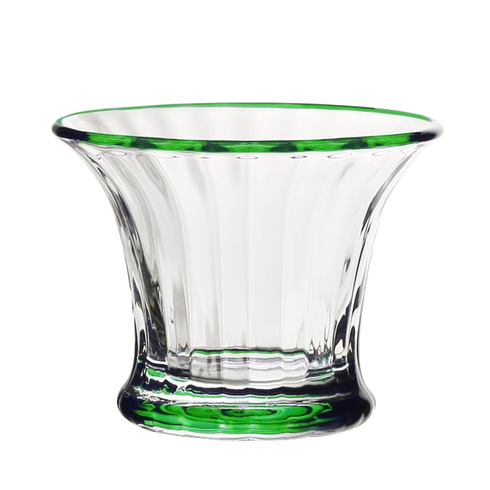 The Siena Mini Vase/Sorbet Dish Collection by William Yeoward Crystal features clear glass bowls with flared rims, vertical grooves, a classic fluted design, and green accents on the rim and base.
