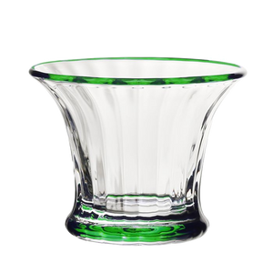 The Siena Mini Vase/Sorbet Dish Collection by William Yeoward Crystal features clear glass bowls with flared rims, vertical grooves, a classic fluted design, and green accents on the rim and base.