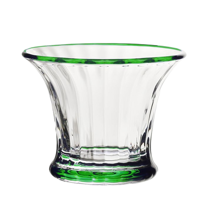 The Siena Mini Vase/Sorbet Dish Collection by William Yeoward Crystal features clear glass bowls with flared rims, vertical grooves, a classic fluted design, and green accents on the rim and base.