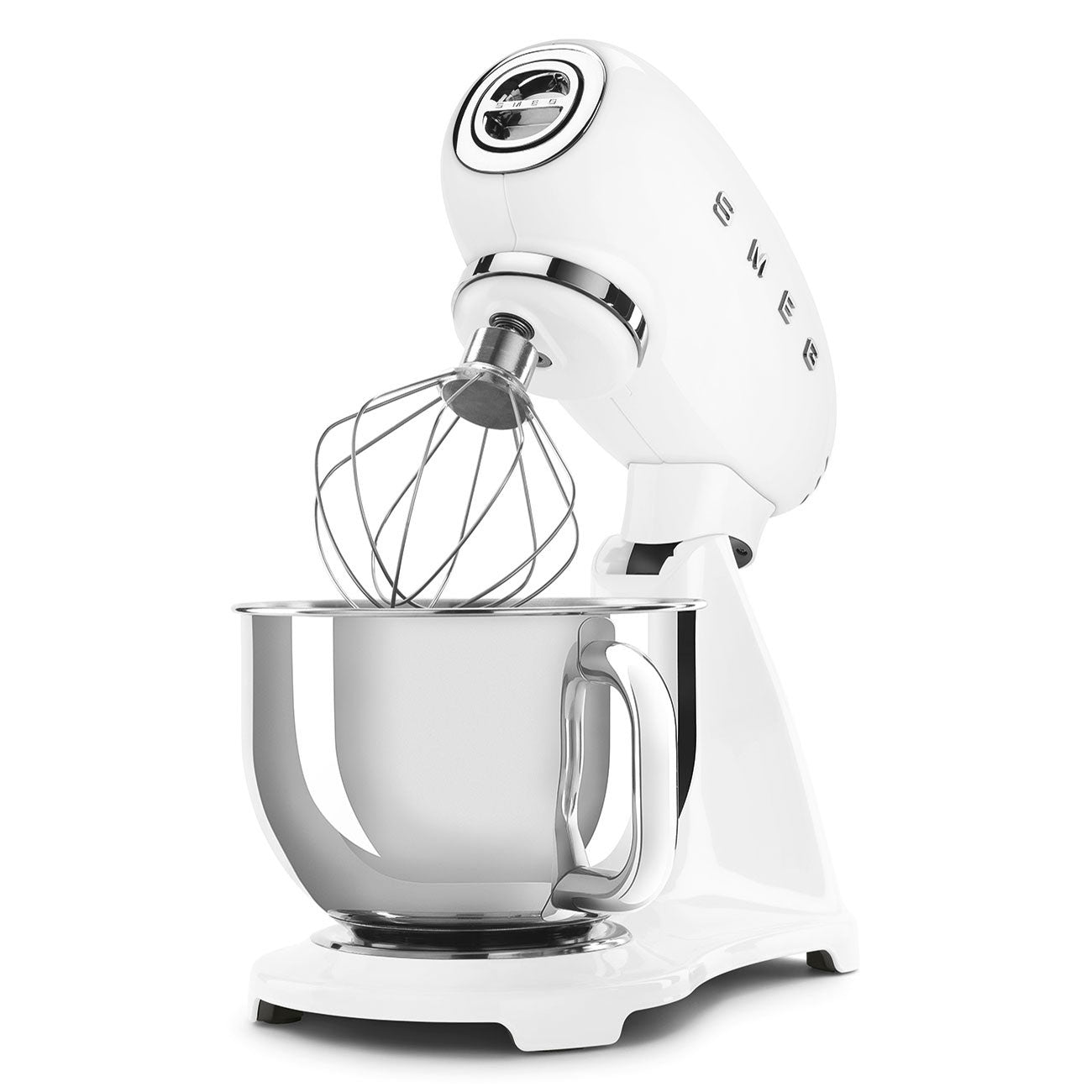 The SMEG Stand Mixer Collection by Smeg comes in white and offers planetary action, a stainless steel mixing bowl, a wire whisk attachment, and anti-slip feet for stability.