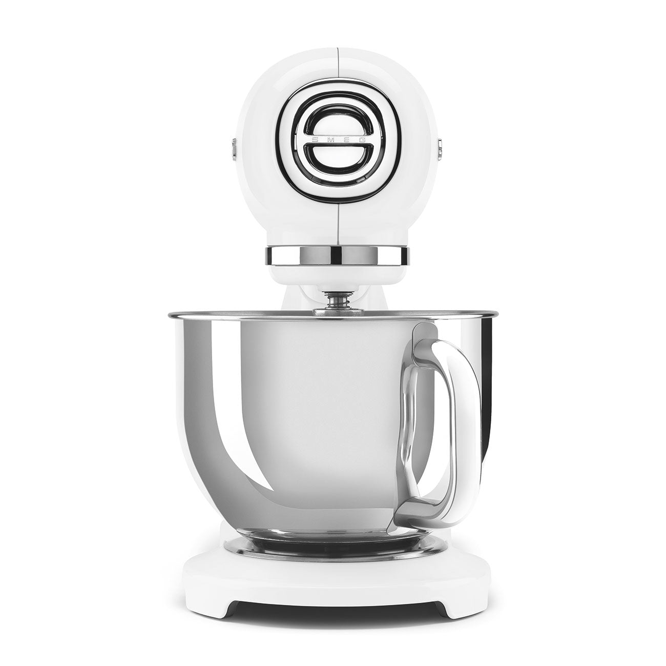 The Smeg Stand Mixer Collection by Smeg showcases a sleek white design with a durable die-cast aluminum body and stainless steel bowl. It offers 10 variable speeds for precise mixing and employs planetary action for thorough blending.