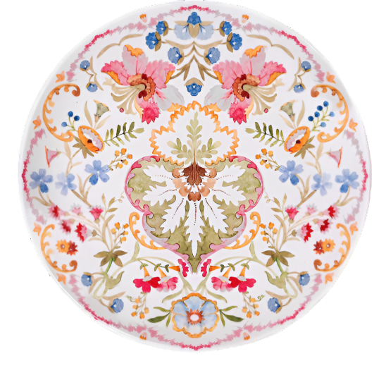 The Sofia Melamine Dinnerware Collection by Juliska features a round plate with a vibrant, symmetrical floral pattern in pink, blue, green, orange, and red on white—ideal for outdoor entertaining or adding garden-inspired charm to your table.