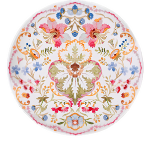 The Sofia Melamine Dinnerware Collection by Juliska features a round plate with a vibrant, symmetrical floral pattern in pink, blue, green, orange, and red on white—ideal for outdoor entertaining or adding garden-inspired charm to your table.