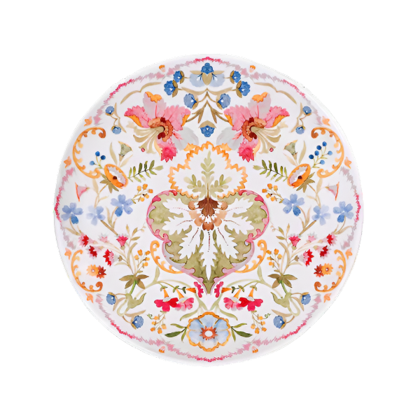 The Sofia Melamine Dinnerware Collection by Juliska features a round plate with a vibrant floral and leaf pattern in red, pink, blue, green, and yellow on white—ideal for outdoor entertaining or adding Fantasy garden flair to your table.