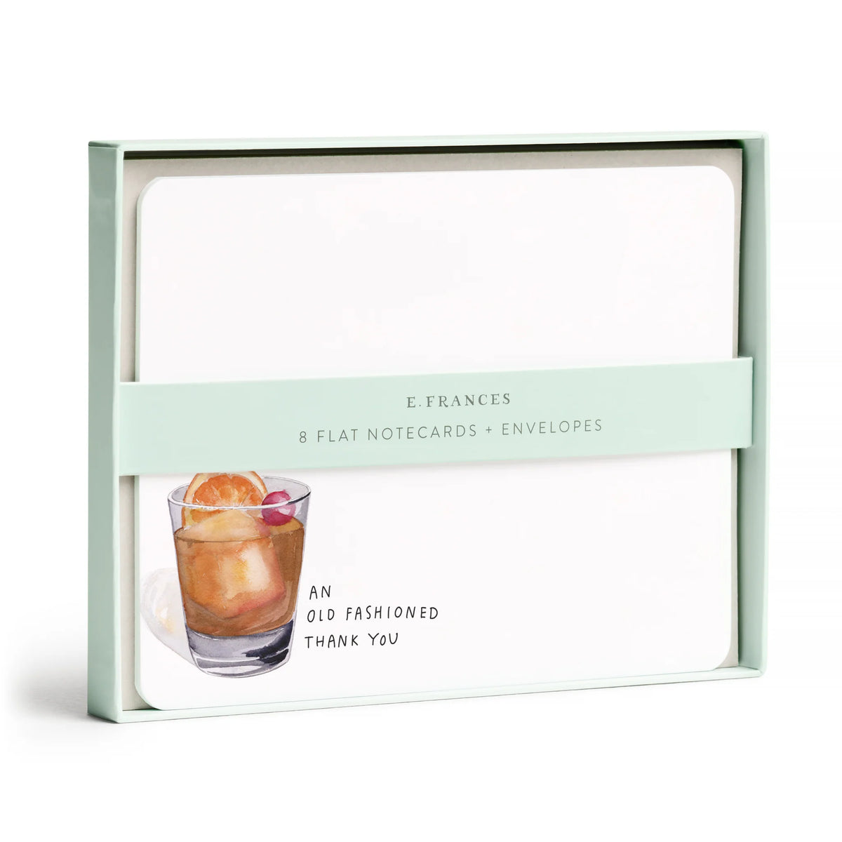 E. Frances Paper Notecard Sets in a boxed set of flat watercolor cards featuring an Old Fashioned cocktail illustration and the text “An Old Fashioned Thank You.”