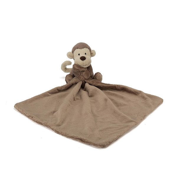 Jellycat brown Bashful Monkey Soother Blanket on a white background.