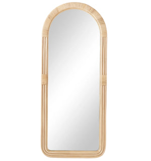 The Selamat Pelicano Floor Mirror features a full-length, rectangular design with a light rattan frame and rounded top edges, capturing the breezy Mediterranean charm and serene style of the Italian coast.