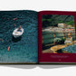 An open copy of "Splendido: The Radiant Stage of Portofino" by Assouline shows one page with an overhead shot of swimmers by a boat near Portofino, and the other with coastal buildings, evoking the elegance of Belmond Splendido.