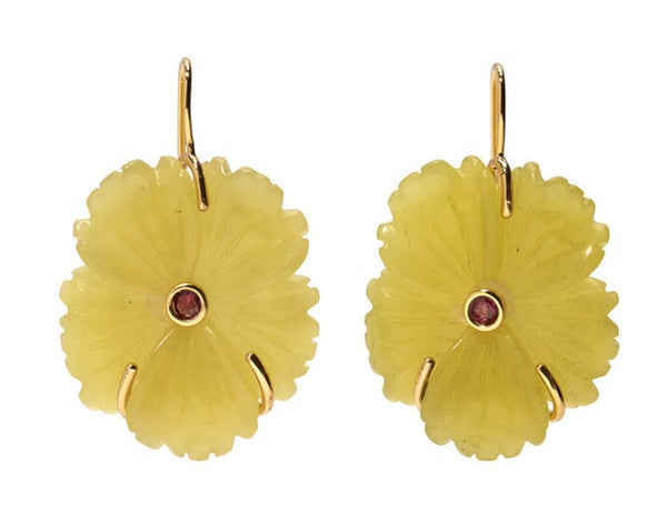 Pair of Lizzie Fortunato New Bloom Earrings with a central ruby and gold-plated accents on a white background.