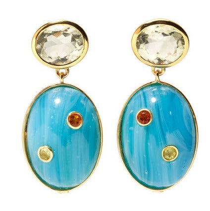 A pair of Lizzie Fortunato Blue Mountain Earrings with blue enamel and gold-plated brass accents, featuring a large clear crystal at the top and small colored gems embedded within.