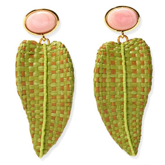 A pair of Lizzie Fortunato Monteverde Leaf Earrings featuring green raffia leaf drops with pale pink circular stones at the studs.