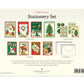 Cavallini Papers and Co Christmas Stationery Set packaging displaying eight folded notes, eight flat cards, sixteen envelopes, and four sticker sheets featuring vintage-style Christmas illustrations.