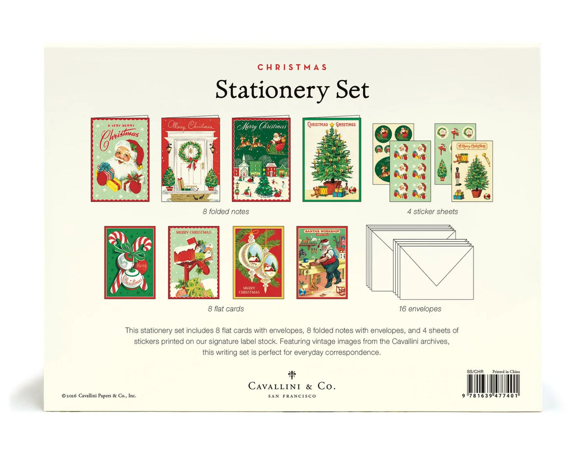 Cavallini Papers and Co Christmas Stationery Set packaging displaying eight folded notes, eight flat cards, sixteen envelopes, and four sticker sheets featuring vintage-style Christmas illustrations.