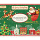 A vintage Cavallini Papers and Co. Christmas Stationery Set in a green box featuring Santa in a sleigh above a snowy village, including flat cards, folded notes, envelopes, and stickers.
