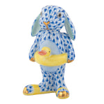 Herend Beach Bunny: a blue patterned porcelain figurine holding a yellow duck, with gold accents on feet, paws, and beak—a charming addition to your beach-themed décor.