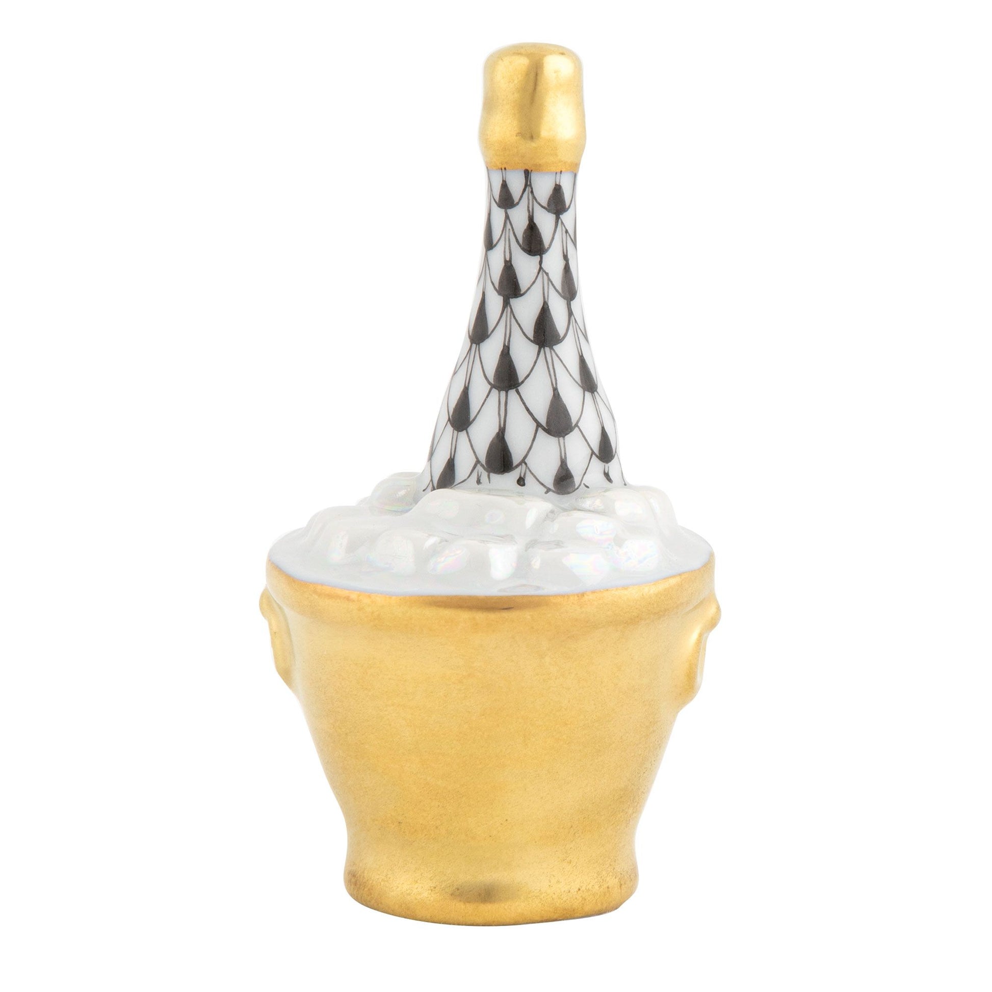 Herend Champagne Bucket – A durable porcelain figurine depicting a champagne bottle with an elegant black and white pattern, nestled in a gold ice bucket topped with realistic white ice, and adorned with exquisite hand-painted designs.