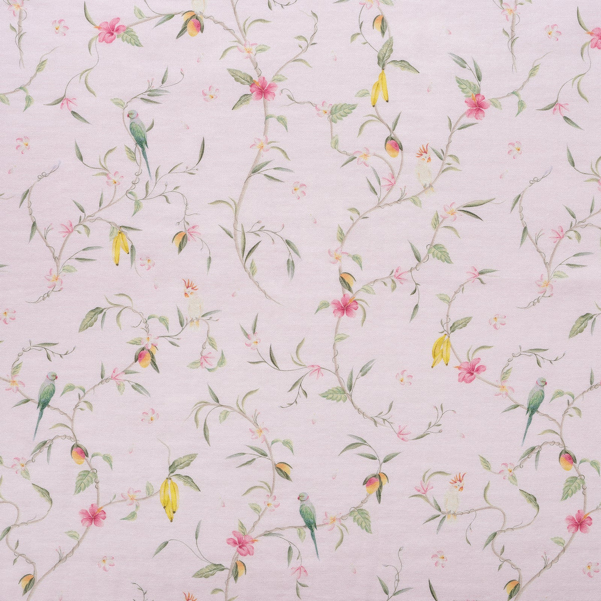 Add a whimsical touch to your child’s room with the Dreaming of Paradise Bedding Collection by Gooselings, featuring light pink wallpaper adorned with green leafy vines, delicate pink flowers, cheerful yellow blossoms, and sweet green birds perched on branches—an enchanting design that complements kids’ bedding or a favorite children’s pillow and is perfect for inspiring bedtime dreams.