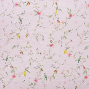 Add a whimsical touch to your child’s room with the Dreaming of Paradise Bedding Collection by Gooselings, featuring light pink wallpaper adorned with green leafy vines, delicate pink flowers, cheerful yellow blossoms, and sweet green birds perched on branches—an enchanting design that complements kids’ bedding or a favorite children’s pillow and is perfect for inspiring bedtime dreams.