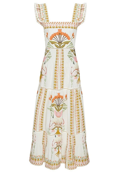 Lug Von Siga Sybill Dress: Floral embroidered summer dress with square neckline and tiered maxi skirt.