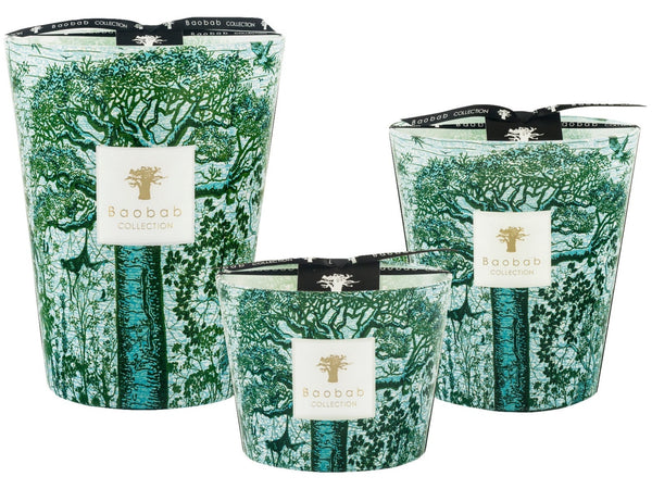 Three decorative Baobab Collection Sacred Trees Kamalo Candles with green and white tree designs on the glass containers, displayed against a white background.