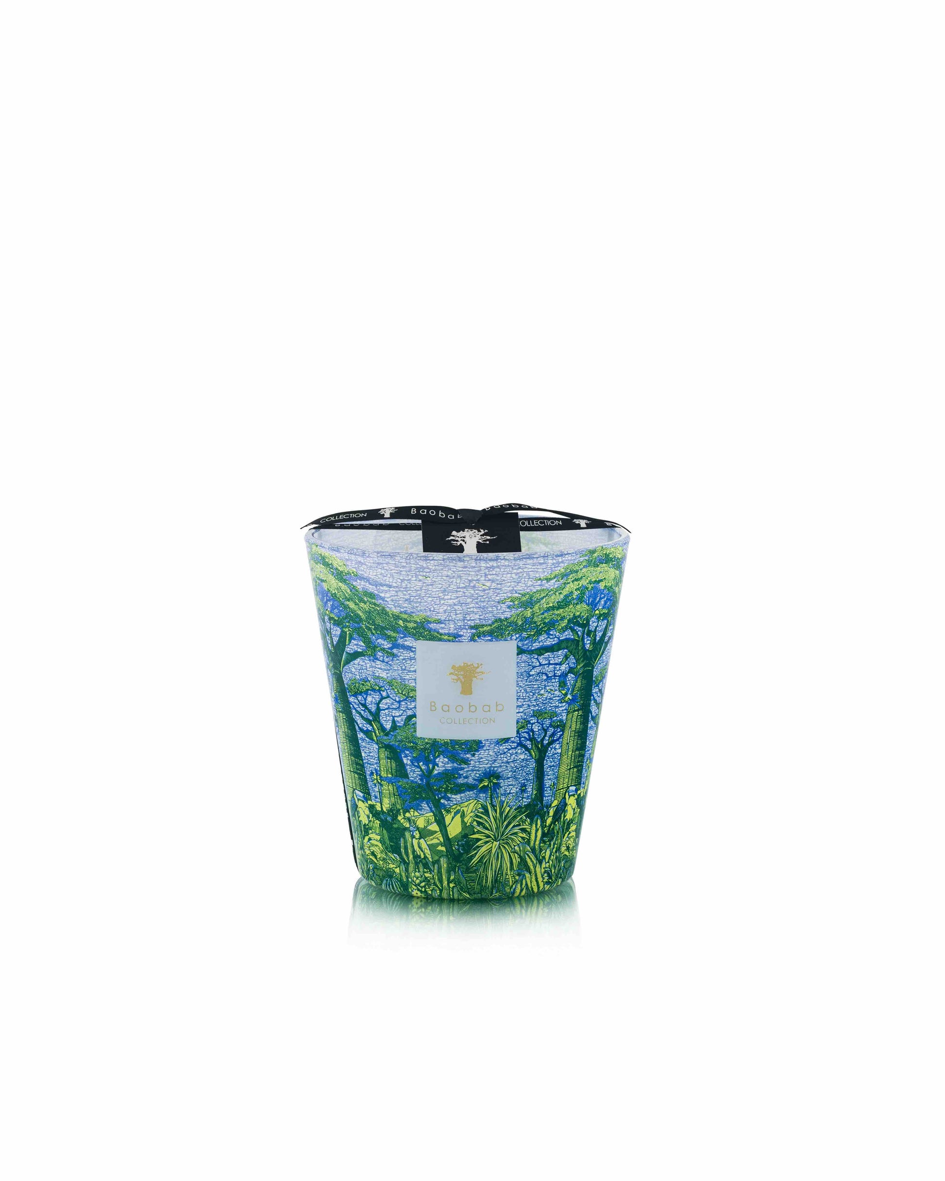 The Baobab Collection Sacred Trees Summer Yarani Candle, by Baobab, showcases a vibrant abstract design in green, blue, and yellow on a glass holder. Part of the Sacred Trees collection, it captures the essence of a baobab forest with its minimalist label.