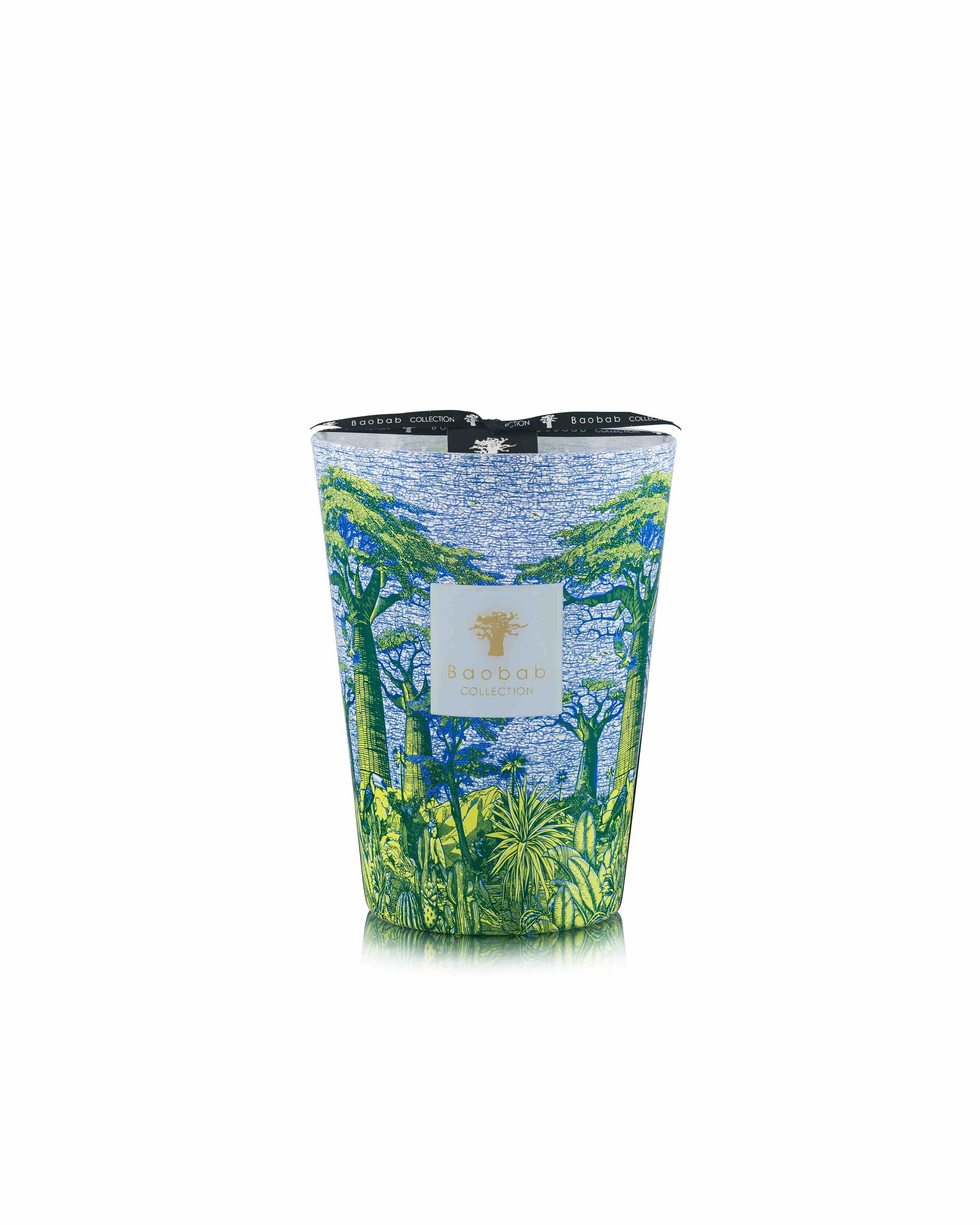 Baobab Collection's Sacred Trees Summer Yarani Candle features a green and blue nature-themed design with trees and plants.