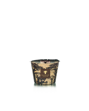 The Baobab Collection Sacred Trees Mankono Candle by Baobab, featuring a gold and black container inspired by African textile prints, is displayed on a white background.