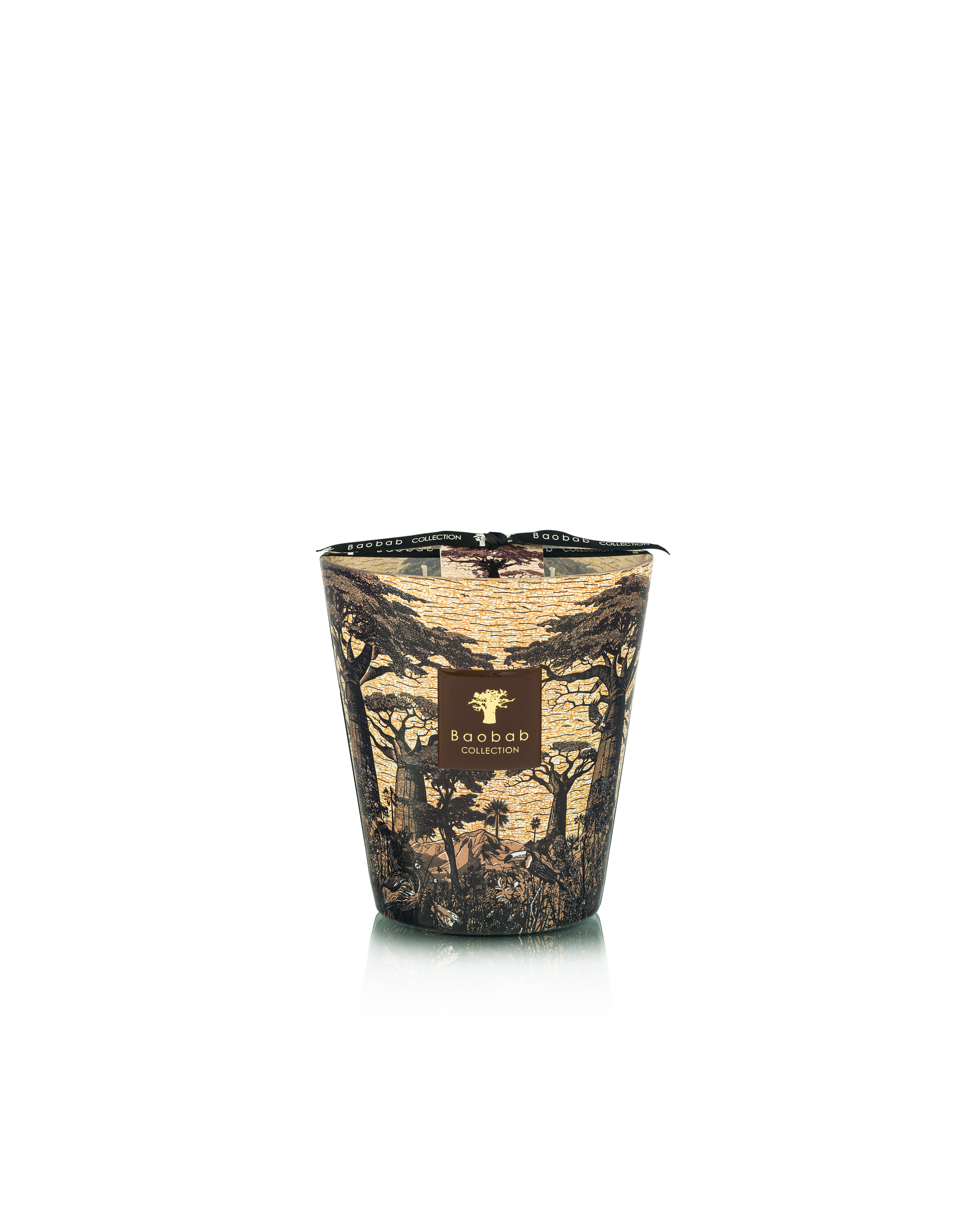 The Baobab Collection Sacred Trees Mankono Candle by Baobab is a decorative scented candle in a glass container, featuring an African savannah design with trees and animals inspired by African textile prints.