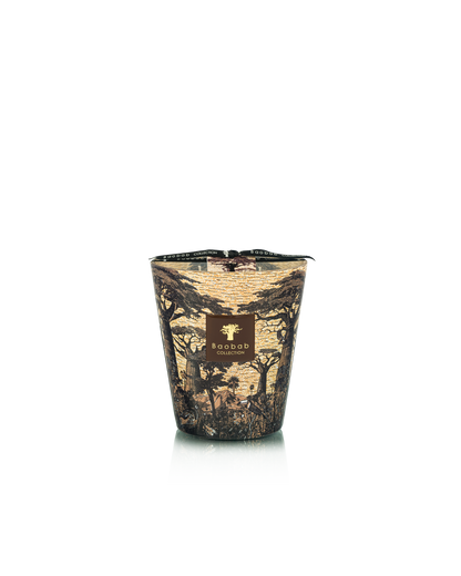 The Baobab Collection Sacred Trees Mankono Candle by Baobab is a decorative scented candle in a glass container, featuring an African savannah design with trees and animals inspired by African textile prints.