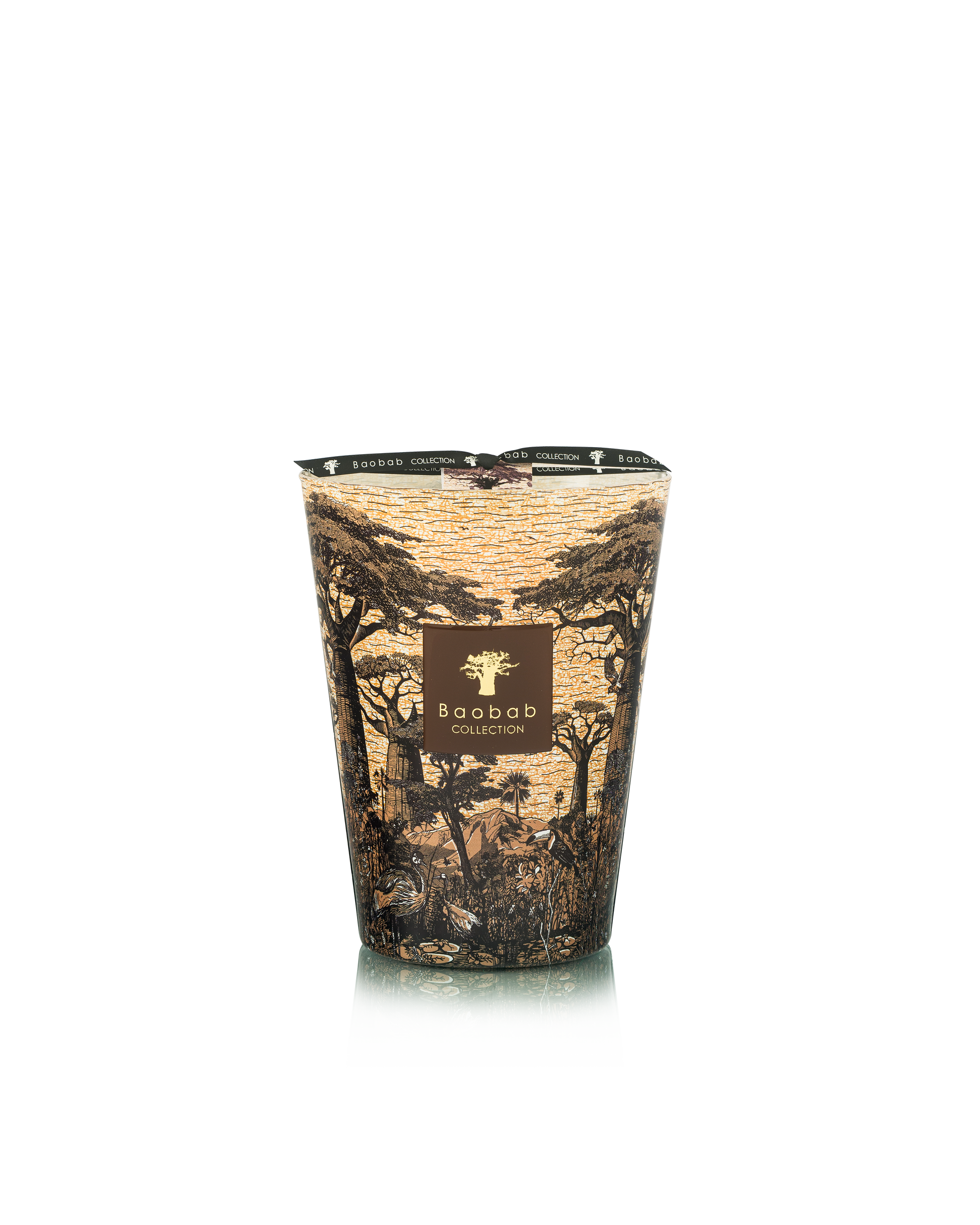 The Baobab Collection Sacred Trees Mankono Candle by Baobab features an illustrated forest design inspired by African textile prints. Displayed on a plain white background, it offers a woody, spicy fragrance.