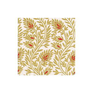 The Caspari Samsara Collection features eco-friendly square napkins with a cream background and a repeating gold and red floral pattern with stylized leaves and buds.