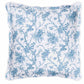 The Matouk San Cristobal Bedding Collection, Sky, features a square pillow with a blue floral and vine pattern on white, slightly ruffled edges, crafted from Luca Egyptian cotton percale and OEKO-TEX® Standard 100 certified.