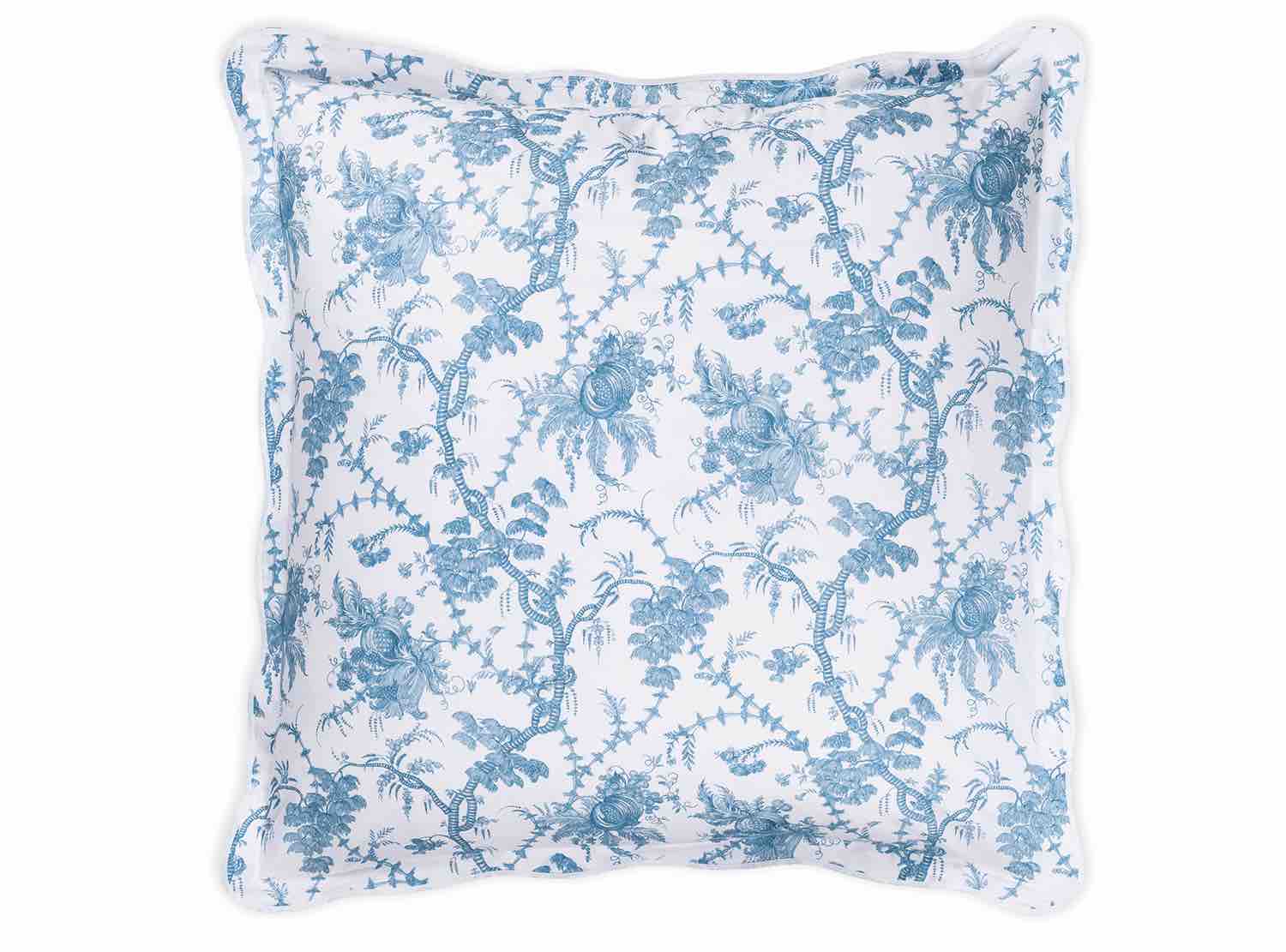 Matouk's San Cristobal Bedding Collection in Sky features a square pillow with a blue floral pattern on a white background, scalloped edges, and is made from luxurious Egyptian cotton percale.