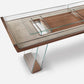The Scivolo Shuffleboard Game Table by Impatia features a glass top, wooden accents, and metal supports, with a rectangular glass compartment and minimalist design inspired by Italian craftsmanship.
