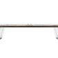 The Scivolo Shuffleboard Game Table by Impatia features a modern rectangular glass top, wooden accents, angled transparent legs, and embodies Italian craftsmanship with contemporary elegance.