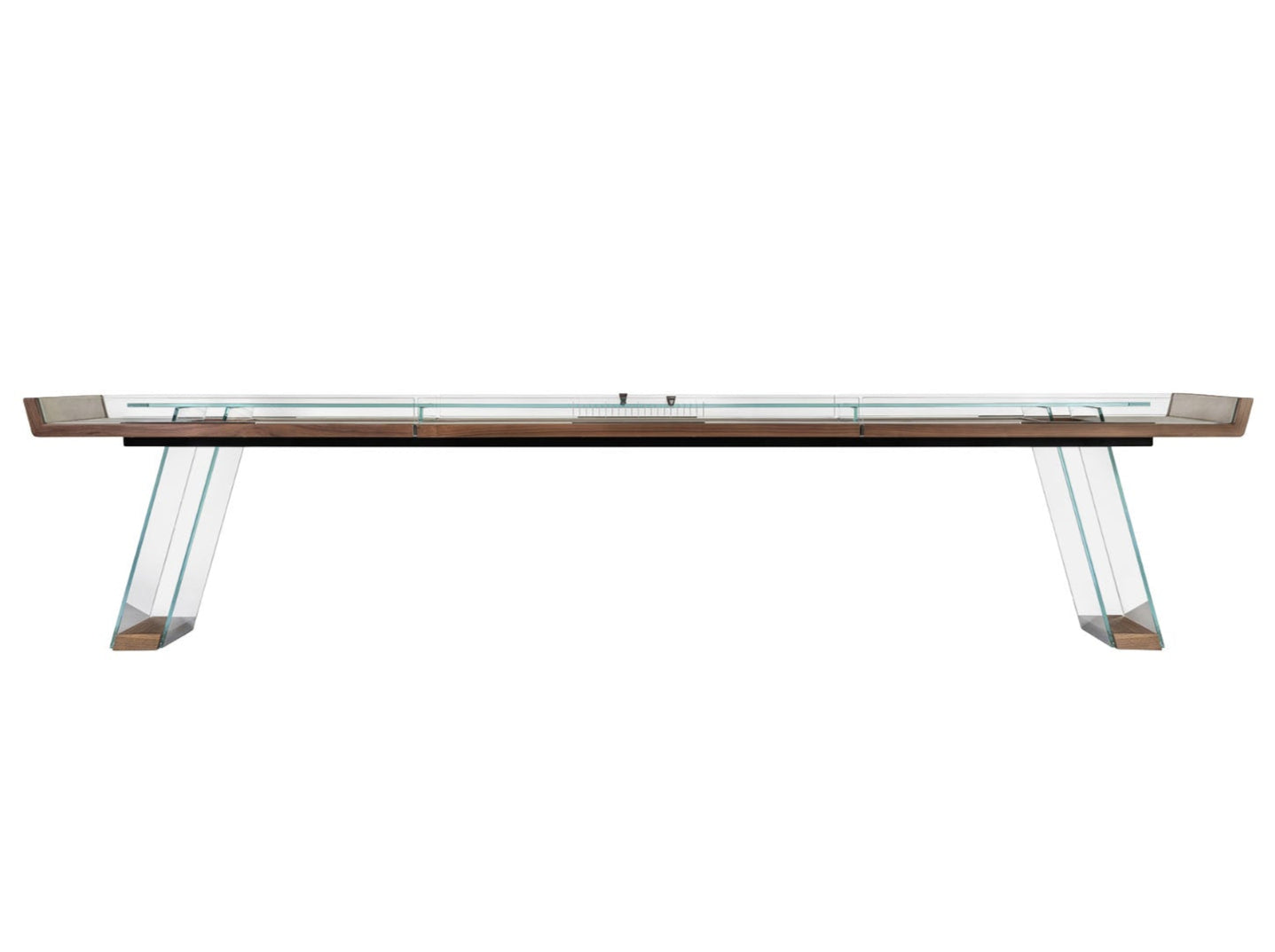 The Scivolo Shuffleboard Game Table by Impatia features a modern rectangular glass top, wooden accents, angled transparent legs, and embodies Italian craftsmanship with contemporary elegance.