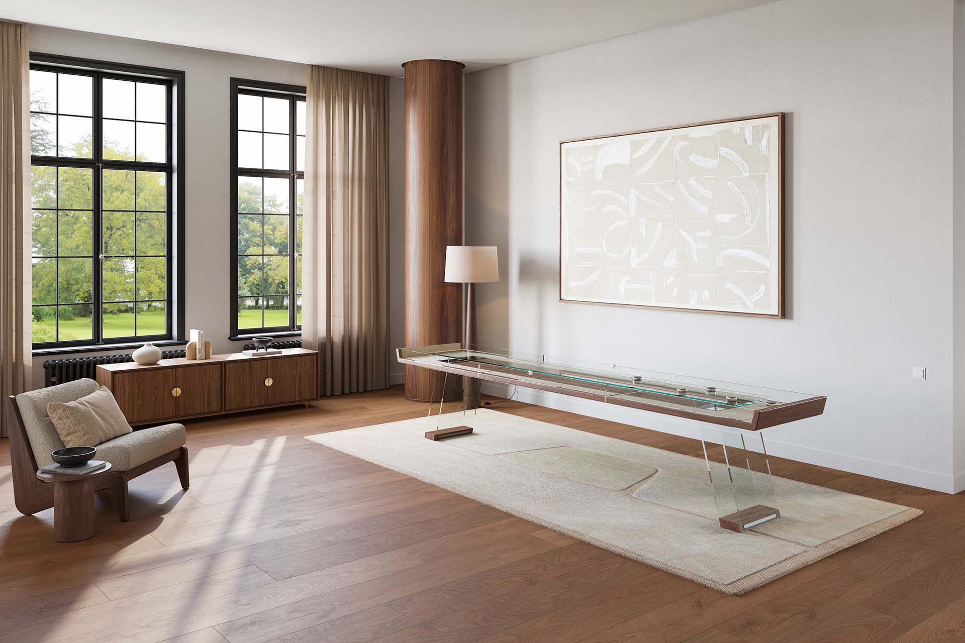 Modern living room with large windows, light rug, Scivolo Shuffleboard Game Table by Impatia with a glass top, wooden sideboard showcasing Italian craftsmanship, armchair, floor lamp, and abstract painting on a white wall.