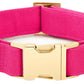 The Foggy Dog Fabric Dog Collar Collection features a wide, bright pink collar with a gold metal buckle and D-ring, shown on a white background.