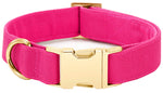 The Foggy Dog Fabric Dog Collar Collection features a wide, bright pink collar with a gold metal buckle and D-ring, shown on a white background.