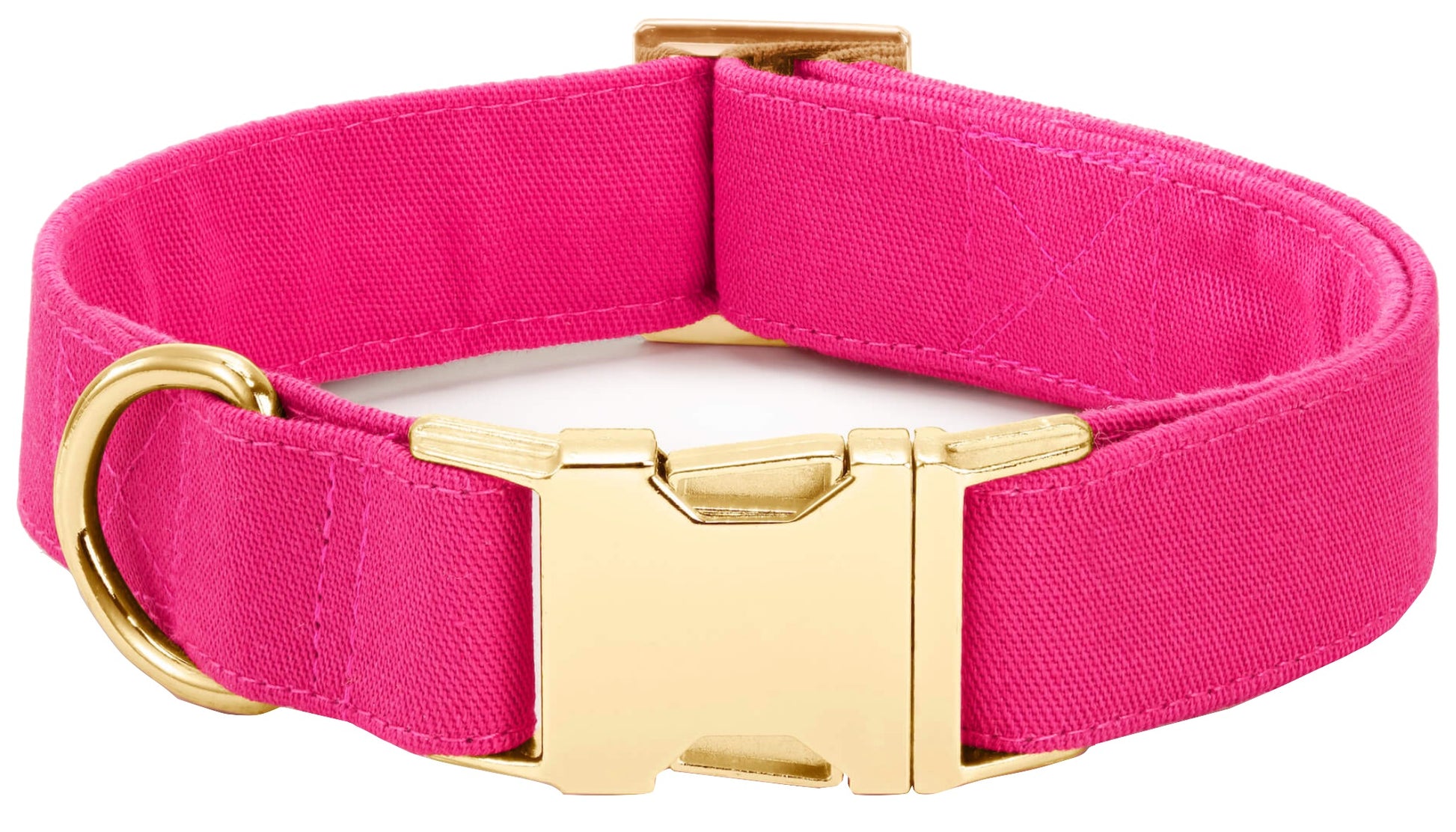 The Foggy Dog Fabric Dog Collar Collection features a wide, bright pink collar with a gold metal buckle and D-ring, shown on a white background.