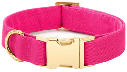 The Foggy Dog Fabric Dog Collar Collection features a wide, bright pink collar with a gold metal buckle and D-ring, shown on a white background.