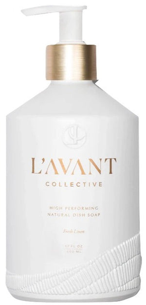 White pump bottle labeled "L'Avant Collective Fresh Linen Scent Collection Dish Soap, 16 fl oz"—a perfect complement to L'Avant Collective's luxurious hand soaps.
